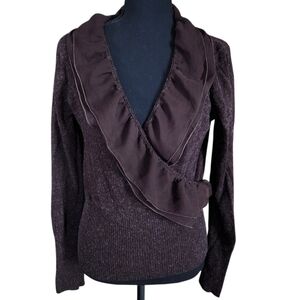 SAGA Romantic Cashmere Blend Ruffle Coquette Deep V Faux Wrap Sweater